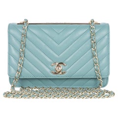 Chanel Trendy Chevron Wallet On A Chain Quilted Front Flap Turquoise