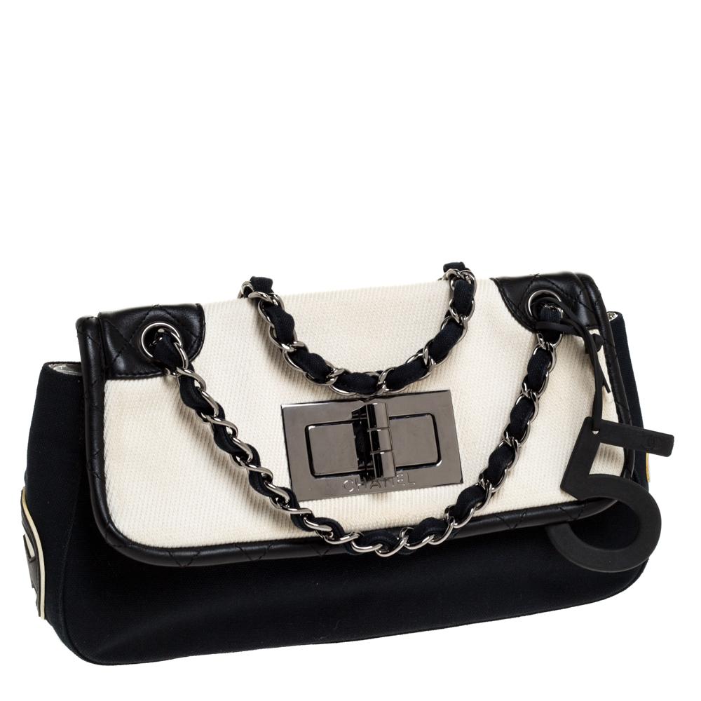 Black Chanel Tri Color Canvas and Leather No.5 Giant Mademoiselle Lock Flap Bag