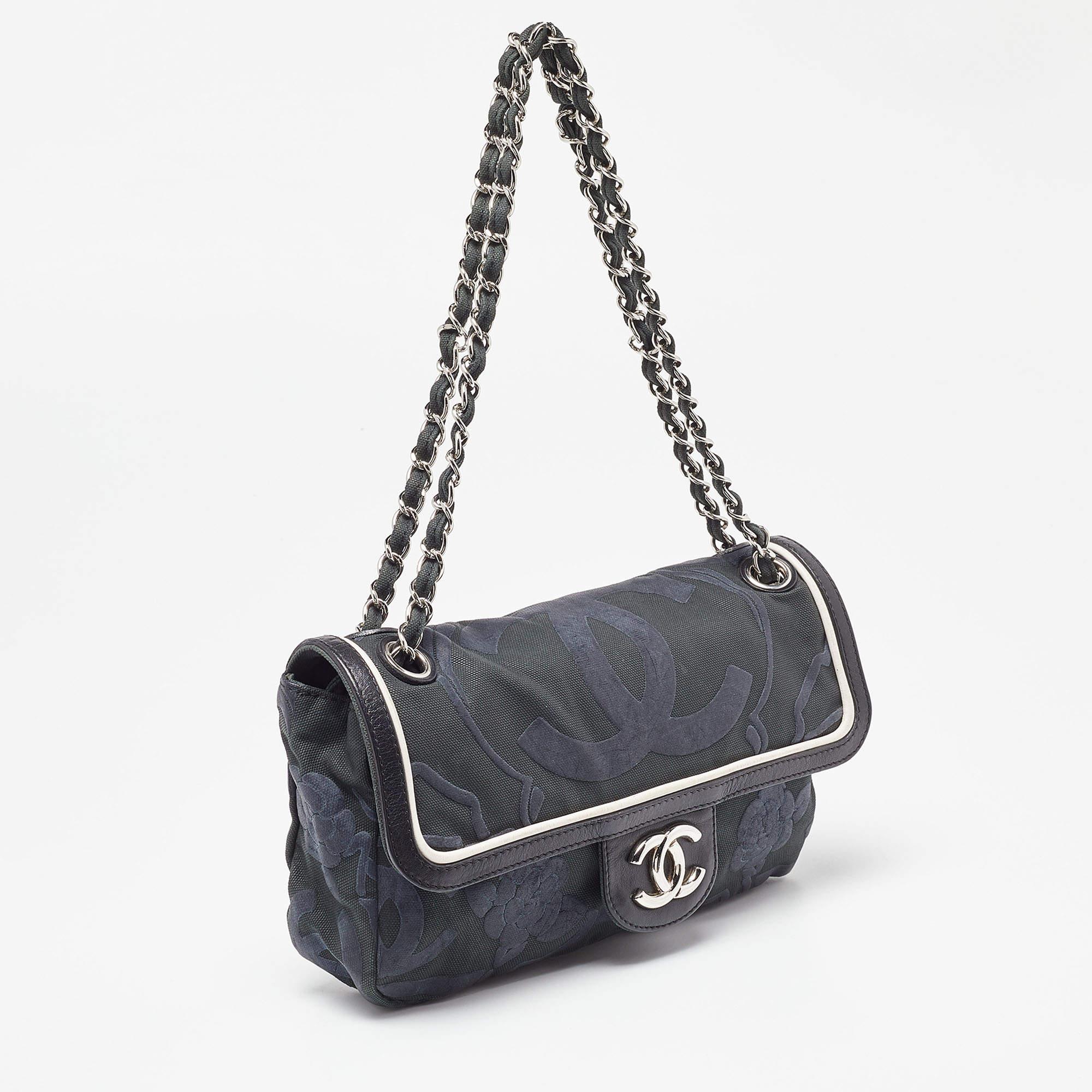Women's Chanel Tri Color CC Logo Camellia Embossed Canvas and Leather East West Flap Bag For Sale