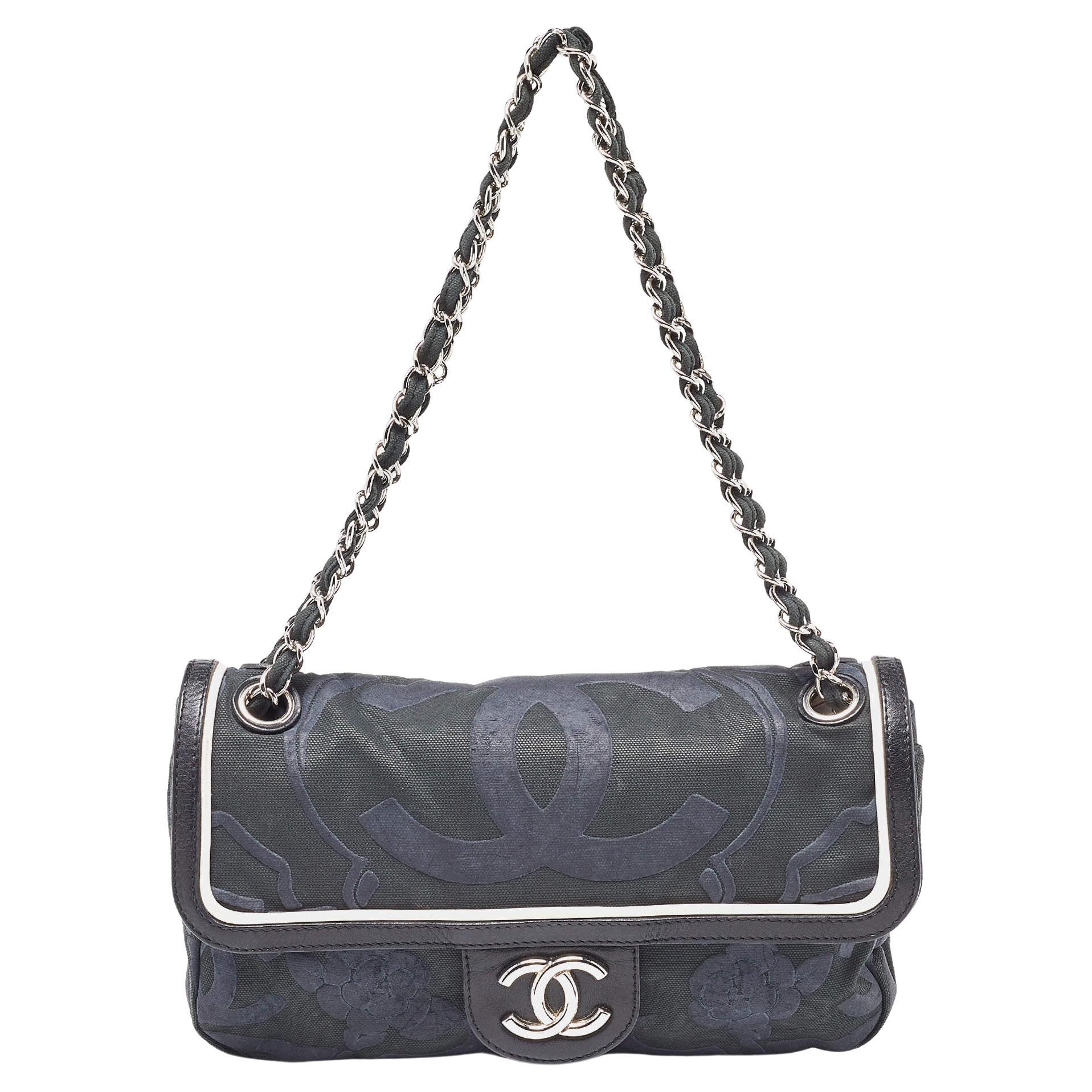 Chanel Tri Color CC Logo Camellia Embossed Canvas and Leather East West Flap Bag For Sale