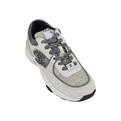Chanel Tricolor Gray Tweed and Suede CC Low Top Sneakers 37.5