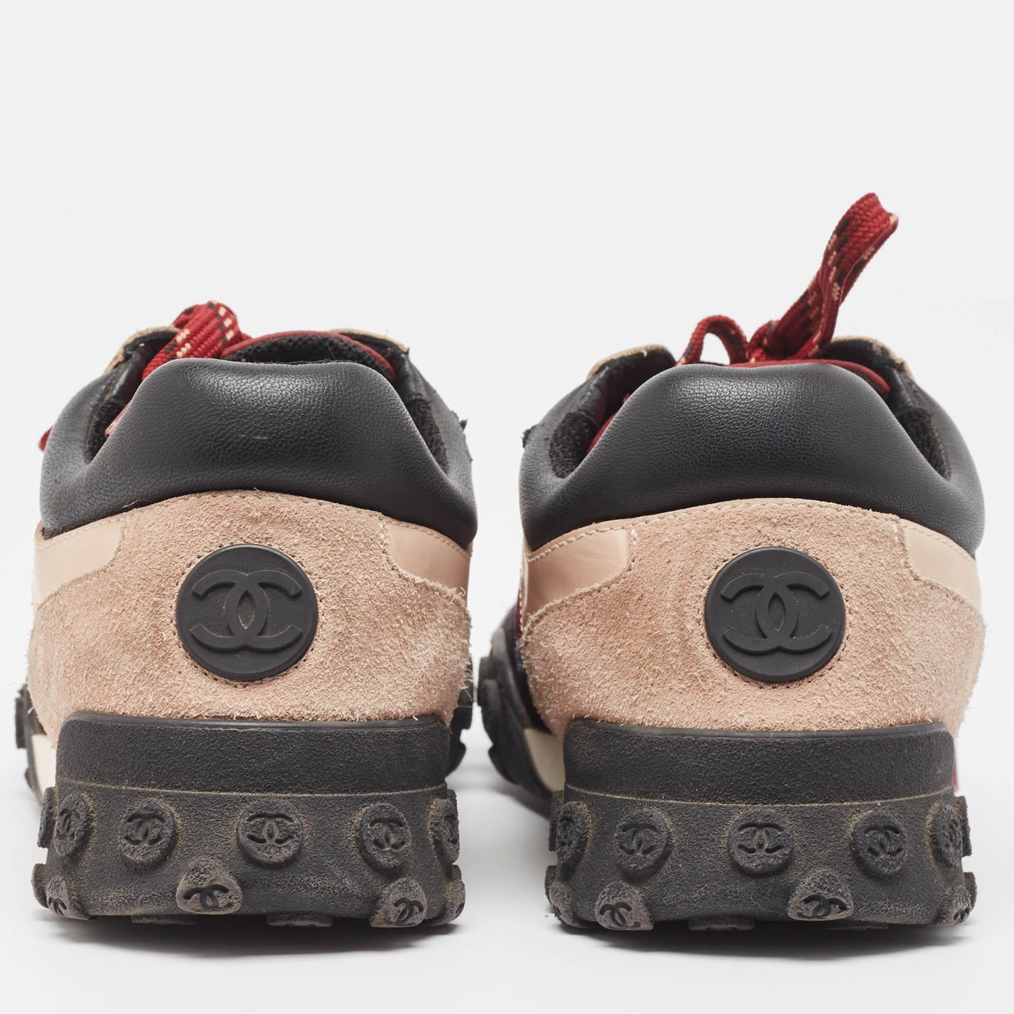 Brown Chanel Tricolor Neoprene and Suede CC Low Top Sneakers Size 38.5