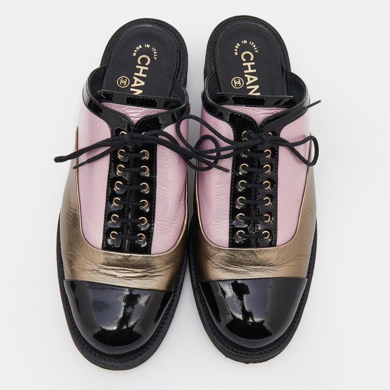 Black Chanel Tricolor Patent And Foil Leather Lace Up Mule Sandals Size 40