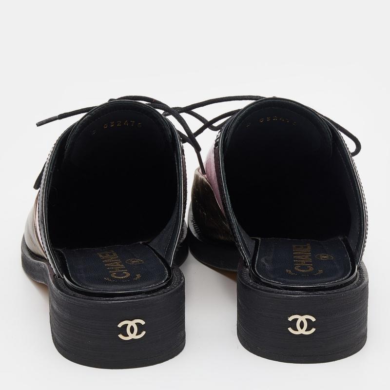 Black Chanel Tricolor Patent And Foil Leather Lace Up Mule Sandals Size 40