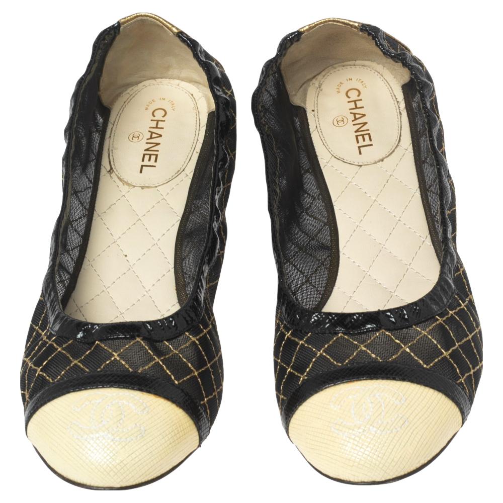 Black Chanel Tricolor Patent Leather And Mesh CC Cap Toe Ballet Flats Size 37