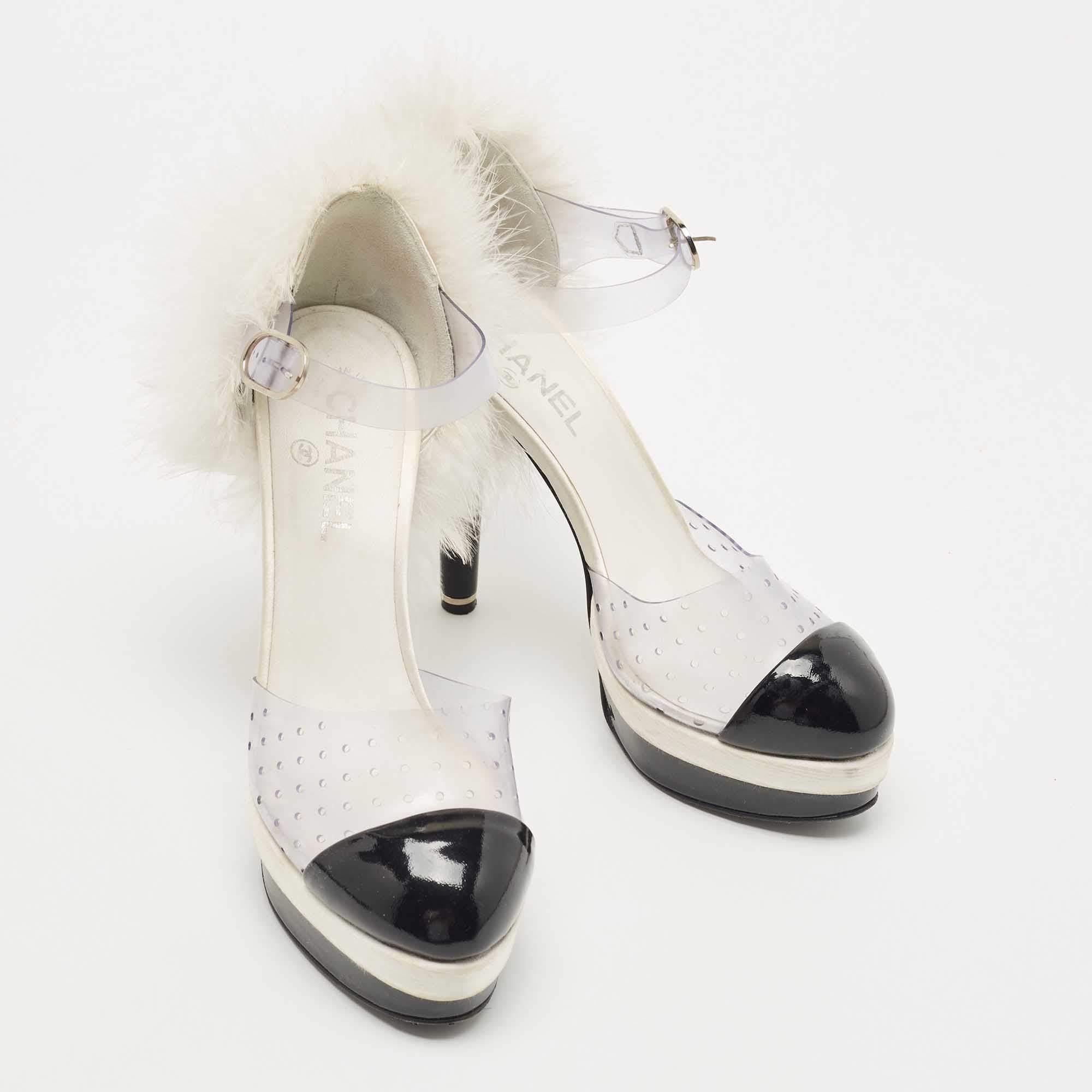 Women's Chanel Tricolor PVC and Patent Cap Toe Ankle Strap Sandals Size 38