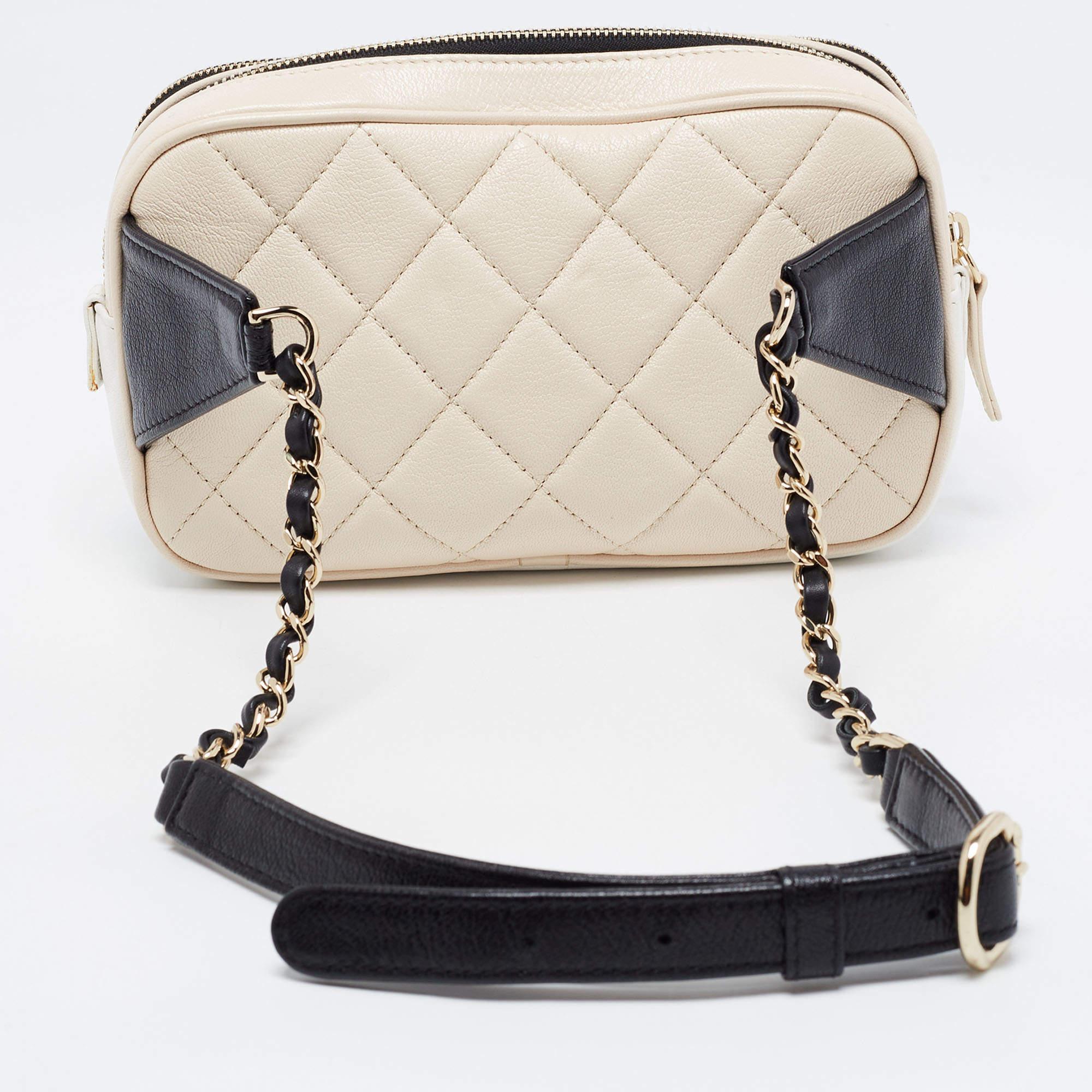 The Chanel bag is a stylish and versatile accessory for the fashion-forward individual. Crafted from luxurious quilted leather, this waist bag features the iconic interlocking CC logo. Wear it around your waist or across your body for a chic and