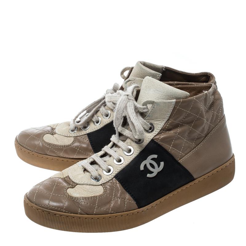 Brown Chanel Tricolor Quilted Leather CC High Top Sneakers Size 40.5