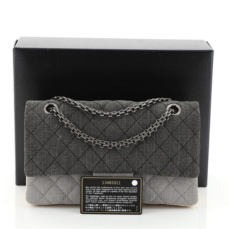 This Chanel Tricolor Reissue 2.55 Flap Bag Quilted Denim 225, crafted from multicolor denim, features Chanel reissue chain link strap, signature diamond quilting, exterior back slip pocket and aged silver-tone hardware. Its mademoiselle turn-lock