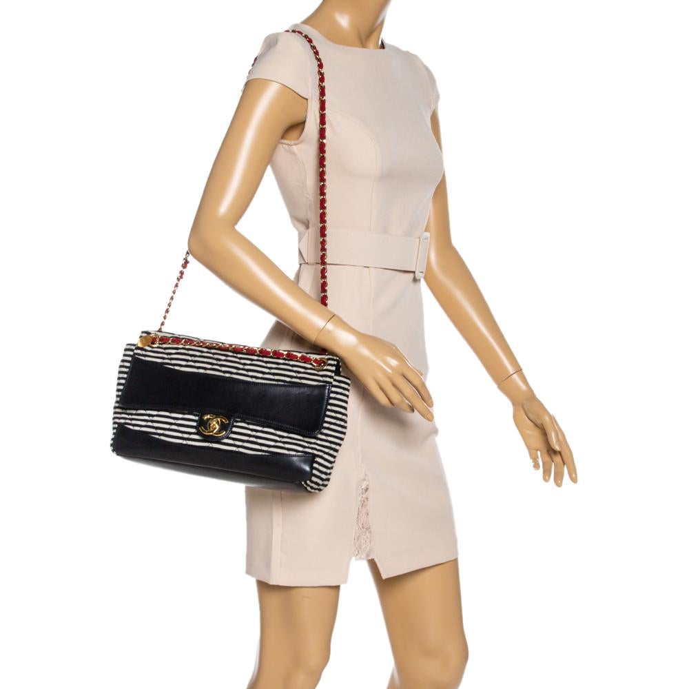 Black Chanel Tricolor Striped Jersey and Leather Jumbo Coco Sailor Flap Bag