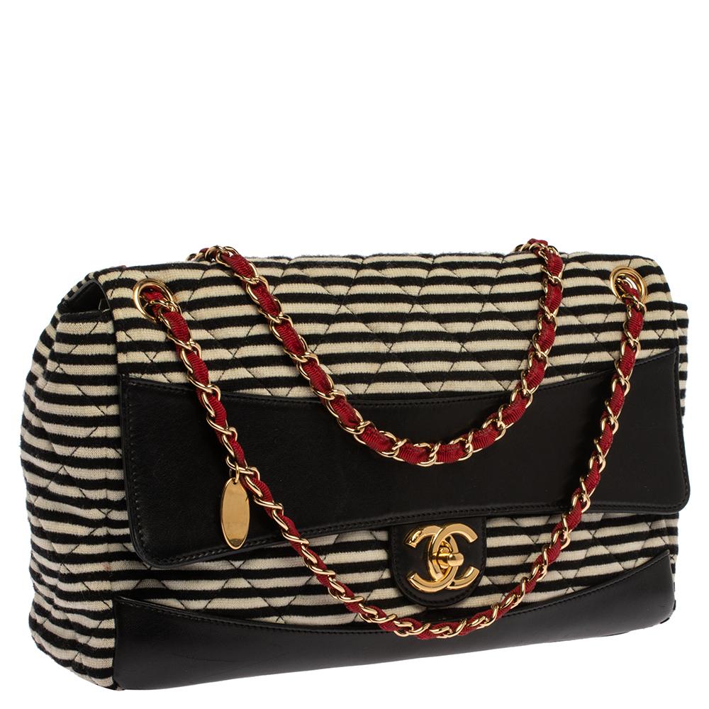 Chanel Tricolor Striped Jersey and Leather Jumbo Coco Sailor Flap Bag In Good Condition In Dubai, Al Qouz 2
