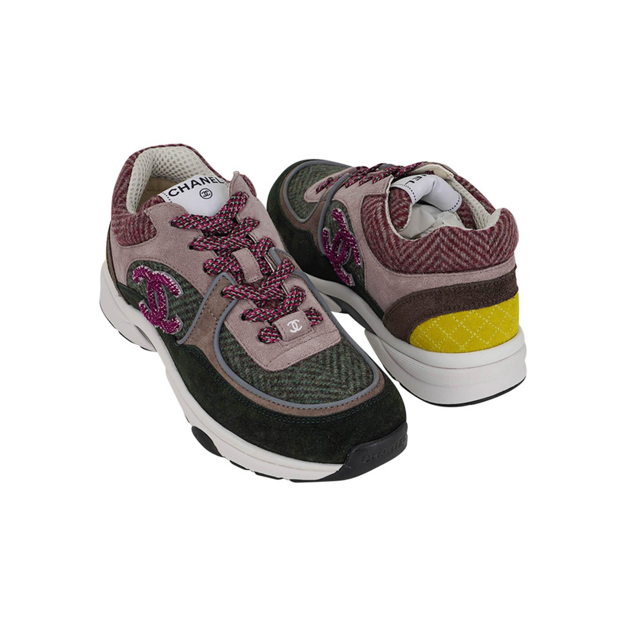 Women's Chanel Tricolor Tweed and Suede CC Low Top Sneakers 37.5