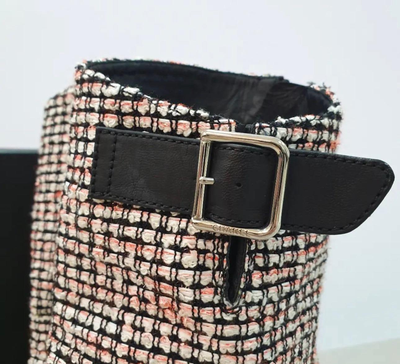 Black CHANEL Tricolor Tweed Buckle Boots  For Sale