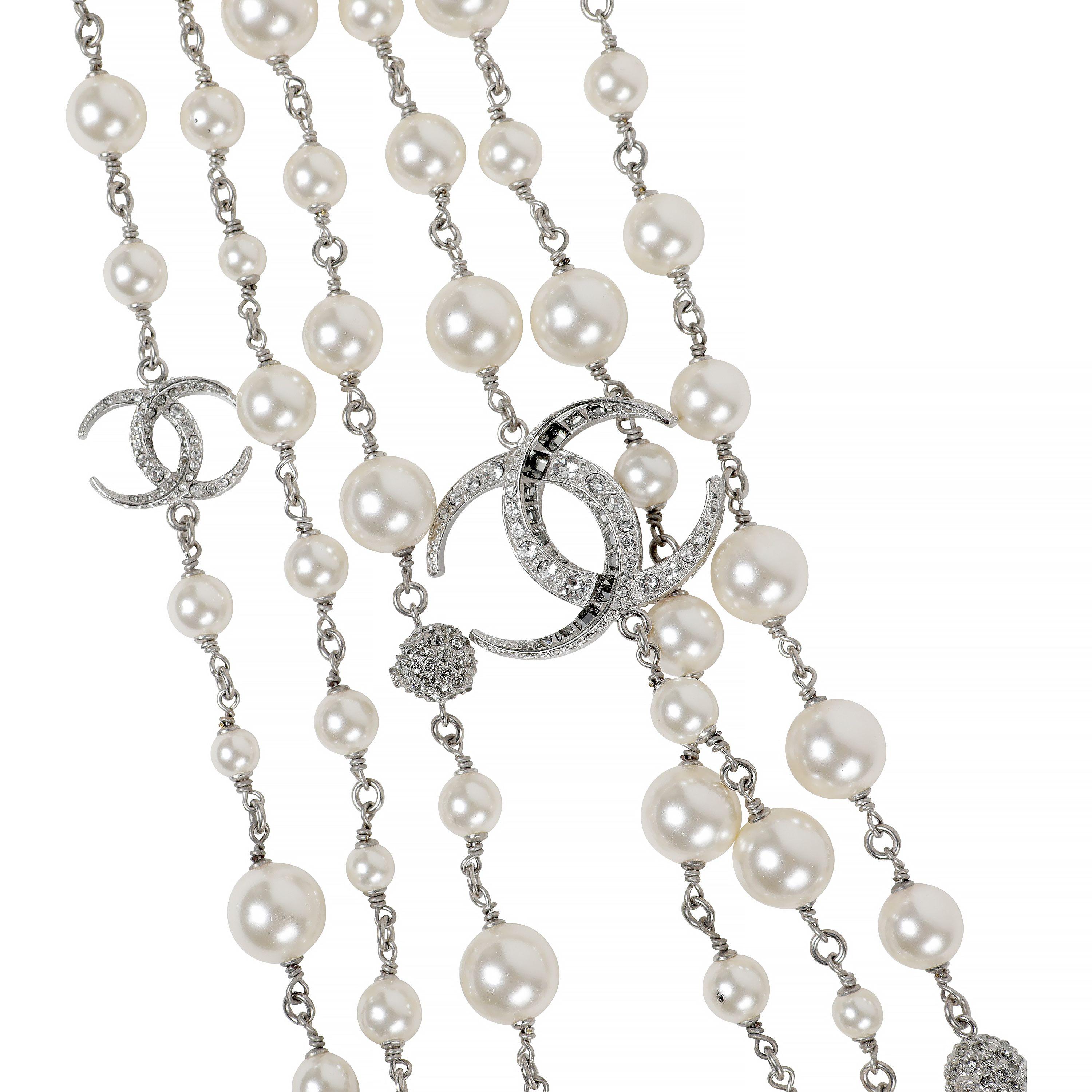 Chanel Triple Strand Pearl and Crystal CC Necklace For Sale at 1stDibs