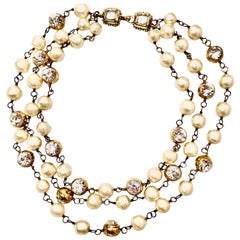 Vintage Chanel Triple Strand Pearl & Gold Nugget Rhinestone Necklace