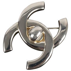 Vintage Chanel Turn-Lock Brooch in Silvery Metal, 1996