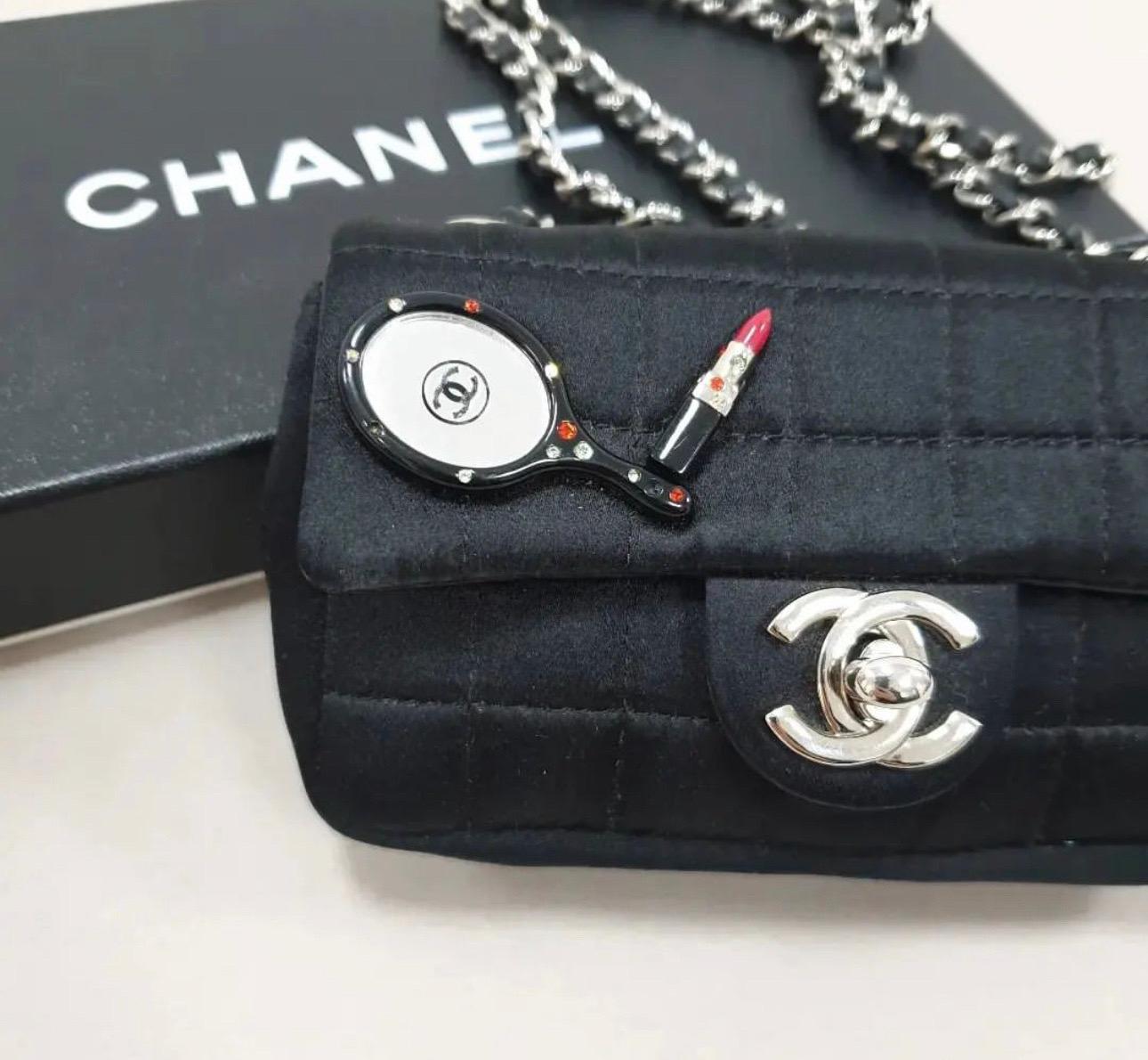Women's CHANEL Turn Lock Choco Bar Chain Pouch Satin Black CC Bag