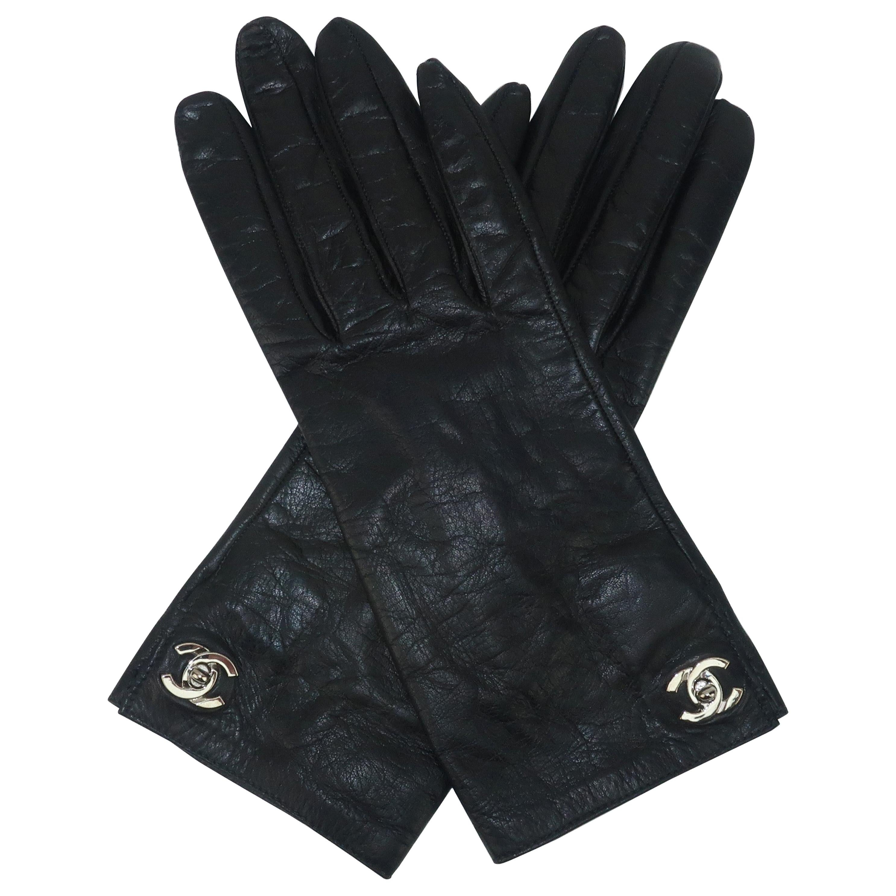 Chanel Turn Lock Logo Black Leather Gloves
