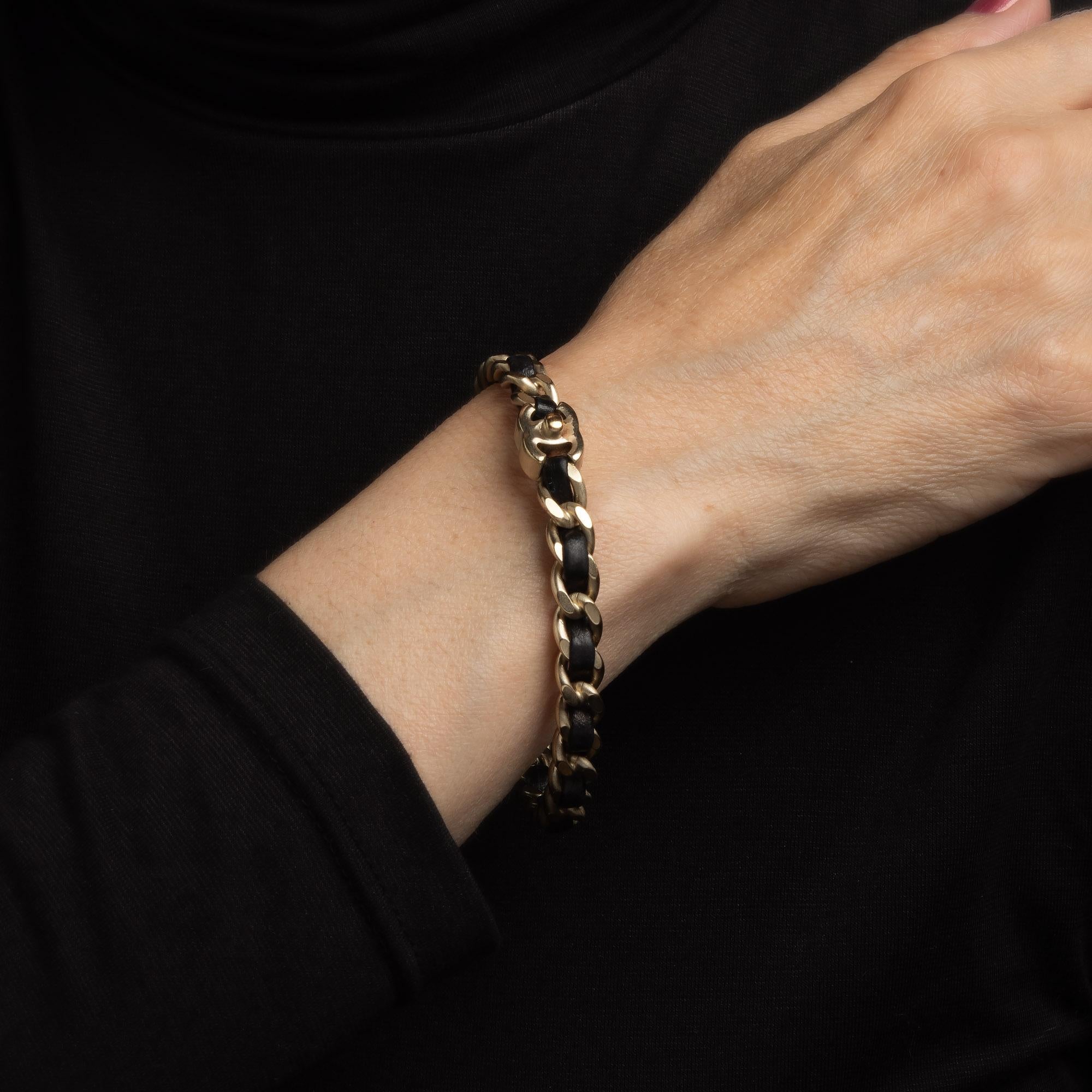 Chanel Turnlock Bangle Bracelet Black Leather Chain Link CC Logo In Good Condition In Torrance, CA
