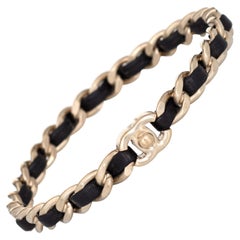 Chanel Turnlock Bangle Bracelet Black Leather Chain Link CC Logo