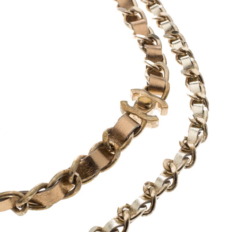 Chanel Turnlock Metallic Leather Gold Tone Double Chain Necklace In Good Condition In Dubai, Al Qouz 2