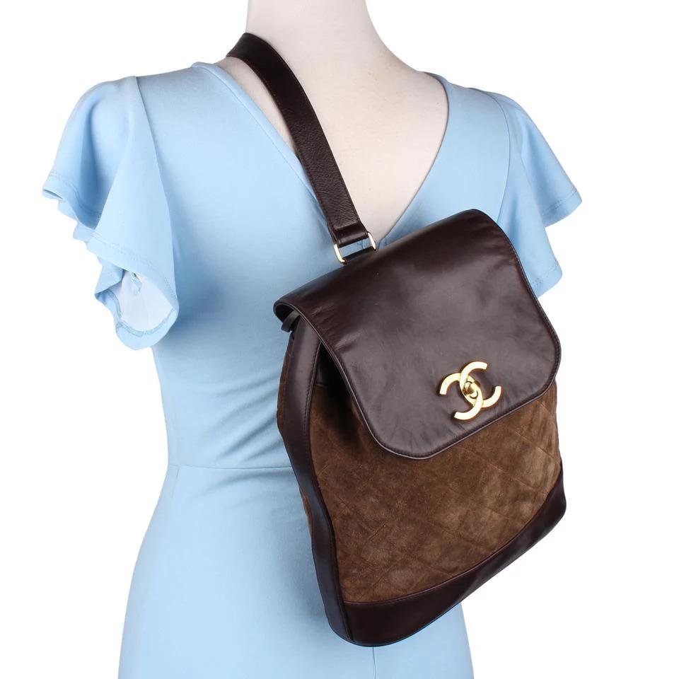 Black Chanel Turnlock Slingback Backpack Suede Leather Brown For Sale