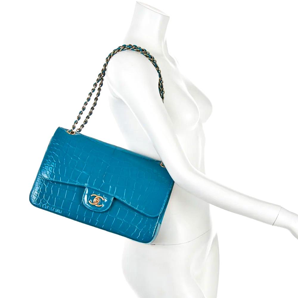 Chanel Turquoise Alligator Jumbo Double Flap Bag No. 20173682 In Excellent Condition In Palm Beach, FL