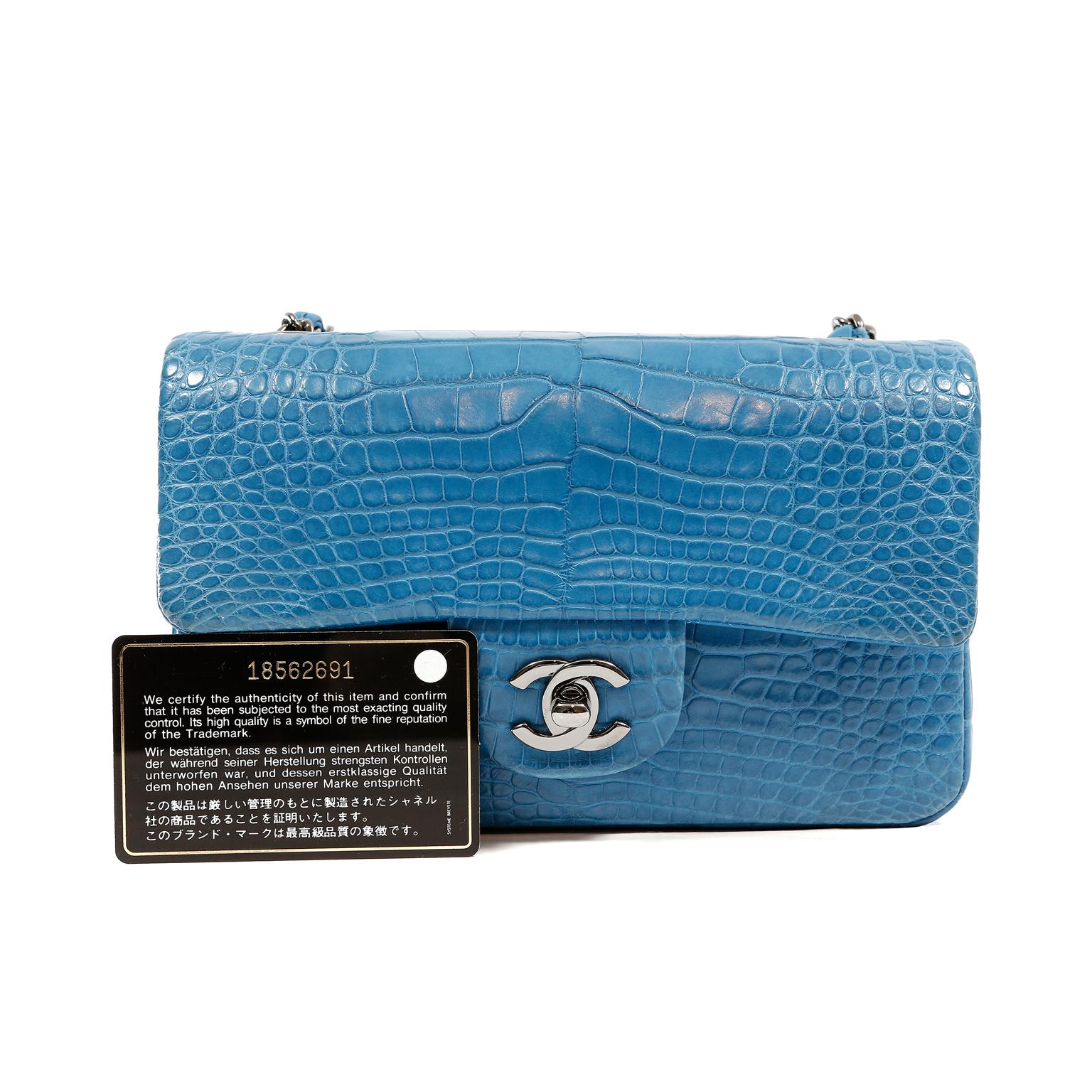 Women's or Men's Chanel Turquoise Blue Matte Alligator Small Classic Flap Bag