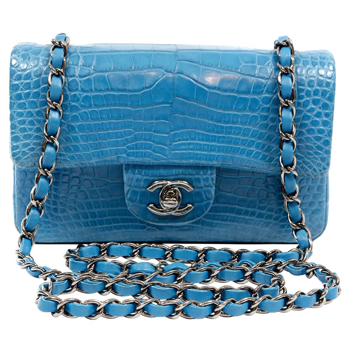 Chanel Turquoise Blue Matte Alligator Small Classic Flap Bag
