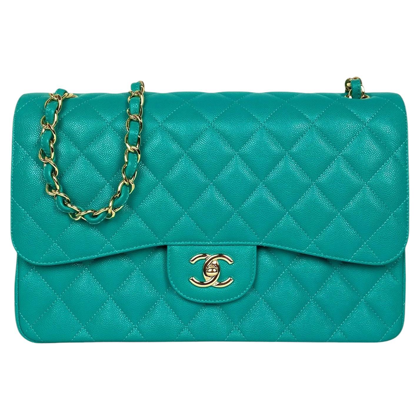 Chanel Turquoise Caviar Leather Quilted Classic Classic Double Flap Jumbo Bag