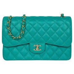 Chanel Turquoise Caviar Leather Quilted Classic Double Flap Jumbo Bag