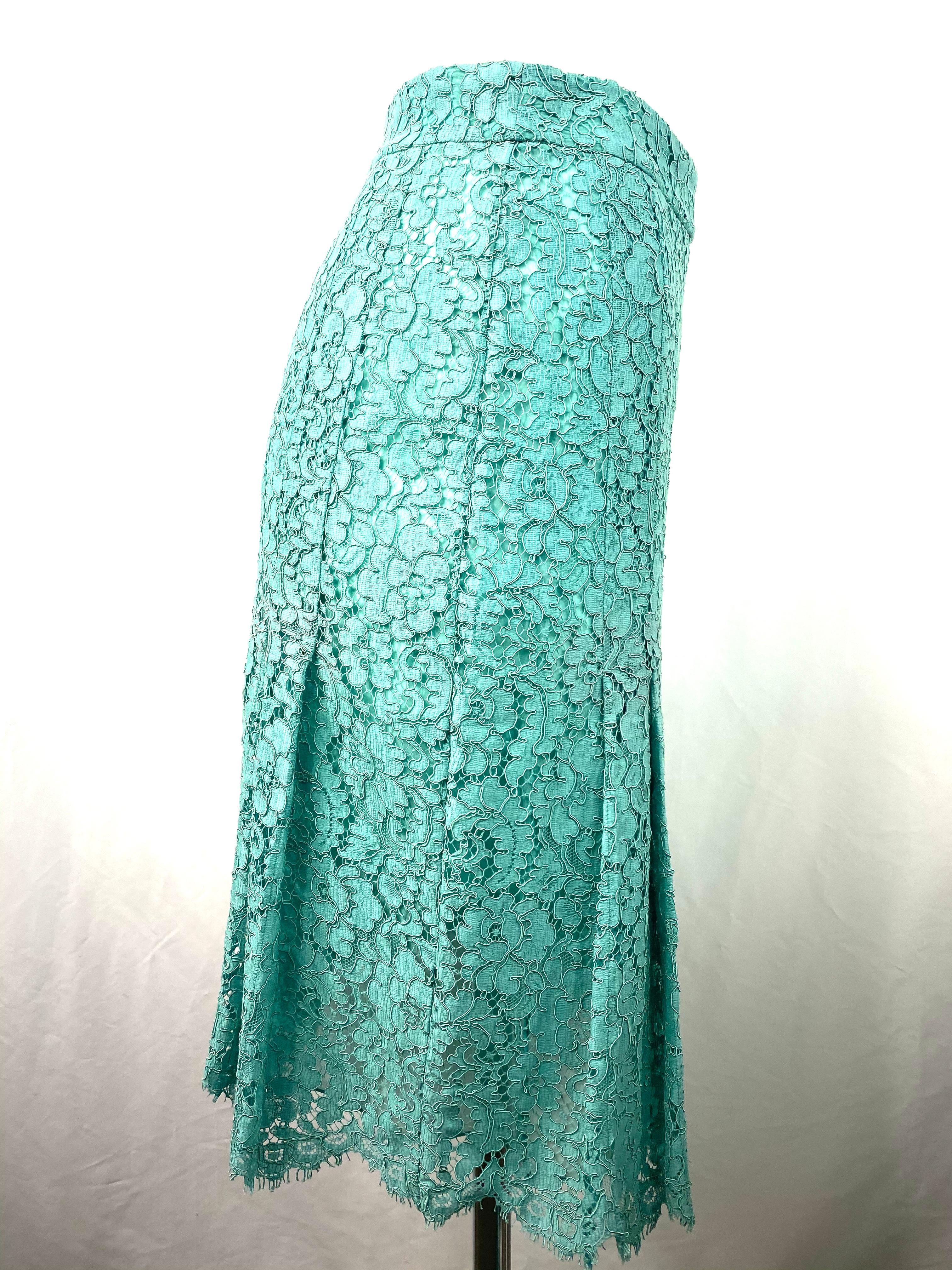 Chanel Turquoise Floral Lace Top and Skirt Set Size 40 For Sale 3