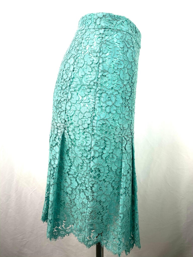Chanel Turquoise Floral Lace Top and Skirt Set Size 40 For Sale at