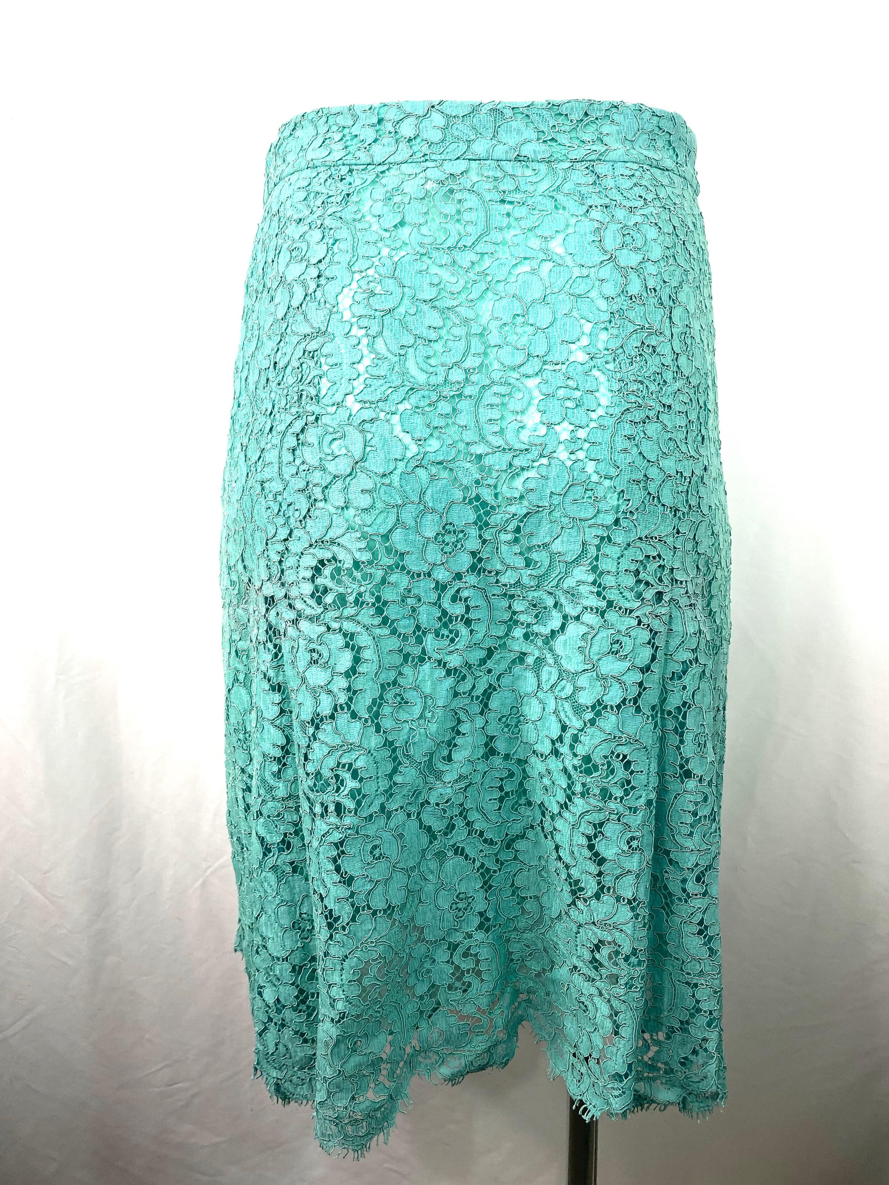 Chanel Turquoise Floral Lace Top and Skirt Set Size 40 For Sale 4