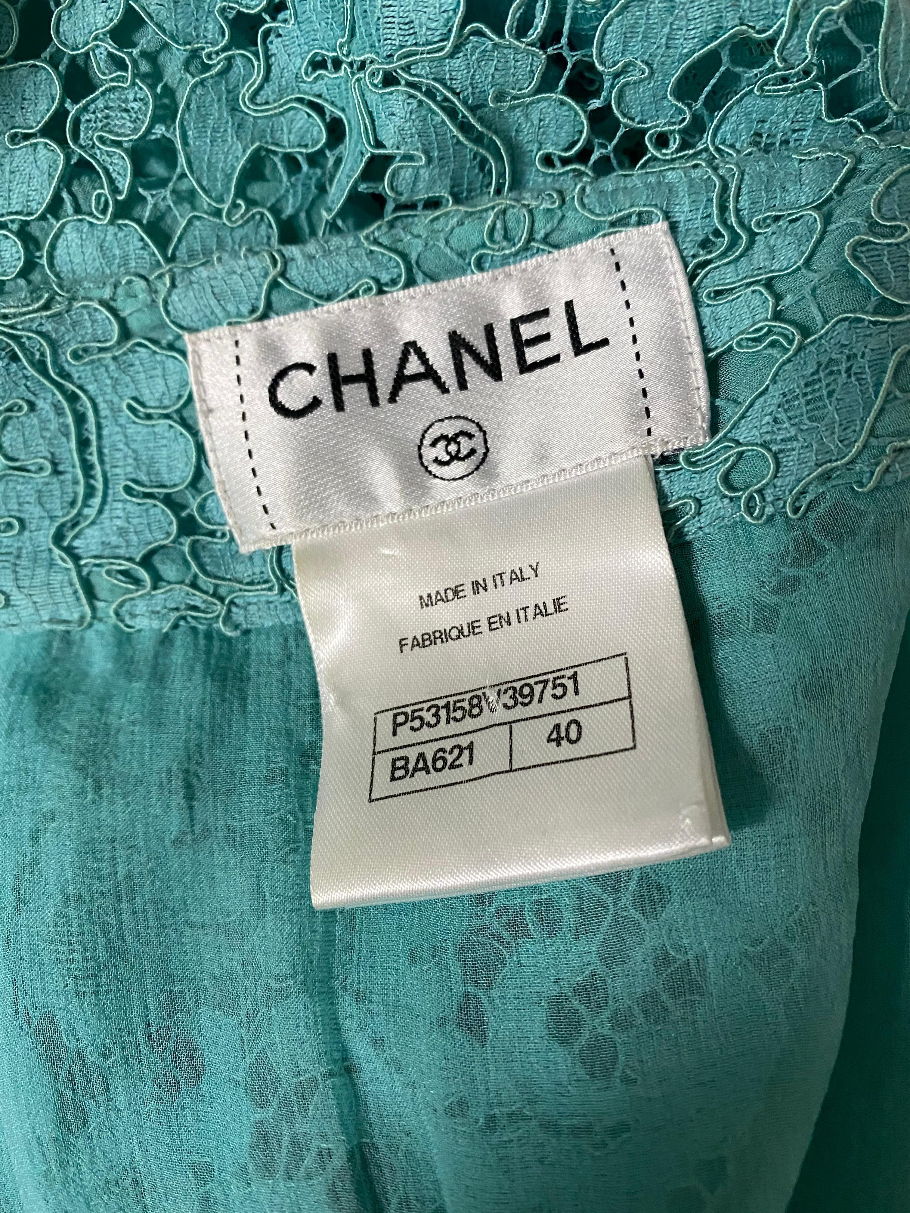 Chanel Turquoise Floral Lace Top and Skirt Set Size 40 For Sale 6