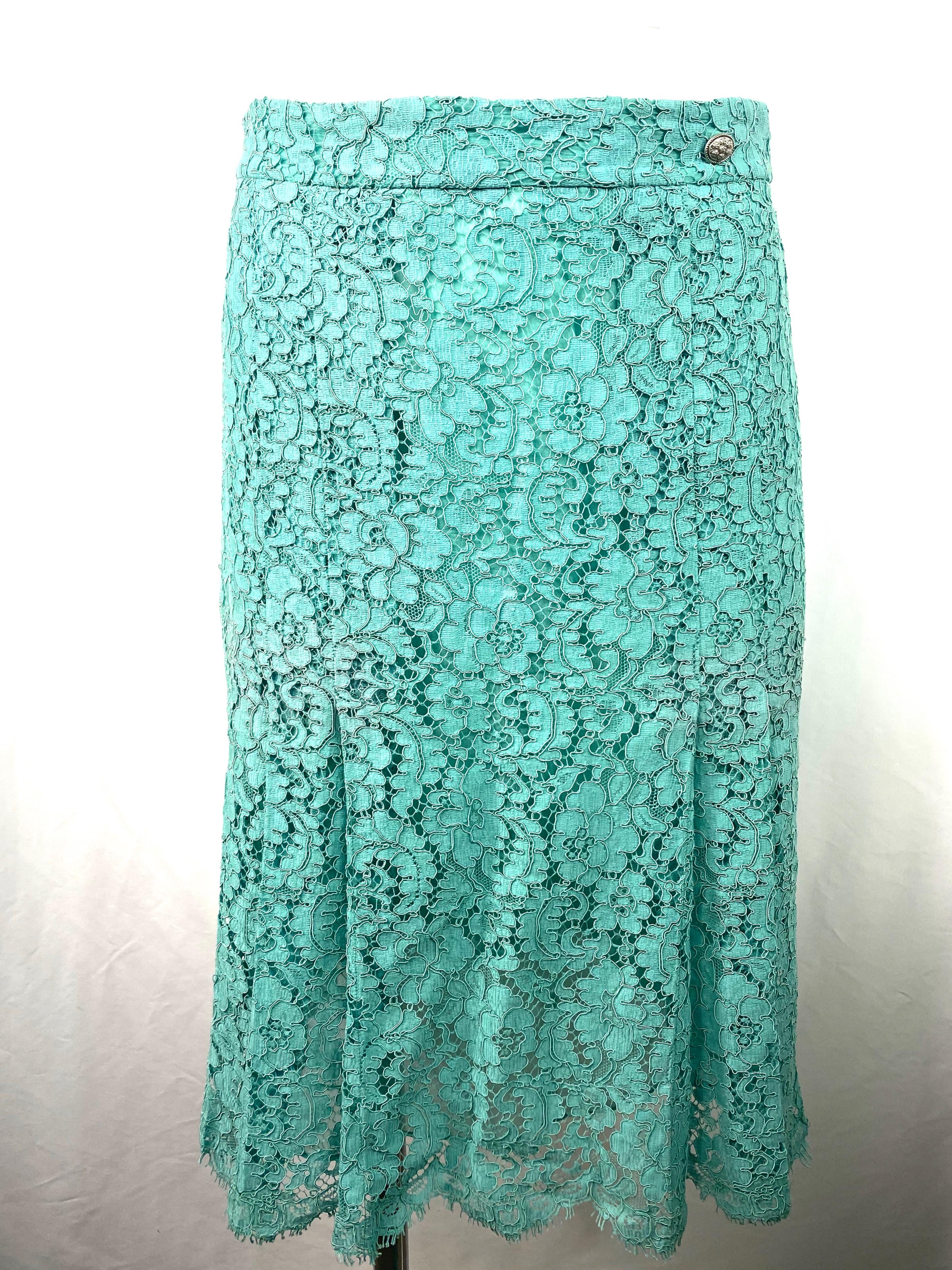 Chanel Turquoise Floral Lace Top and Skirt Set Size 40 For Sale 1