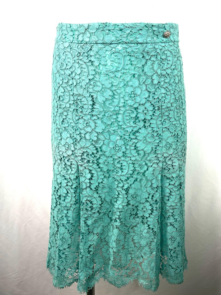 Chanel Turquoise Floral Lace Top and Skirt Set Size 40 For Sale at ...