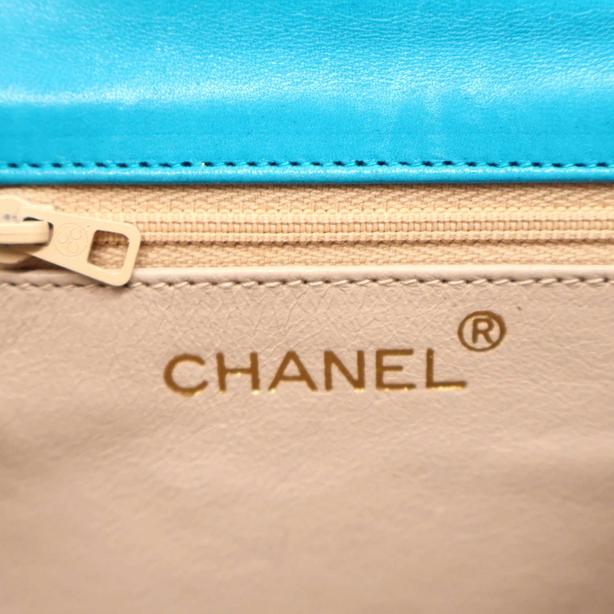 Chanel Turquoise Lambskin Mini Tassel Crossbody Bag with 24KT Hardware, 1989. For Sale 8