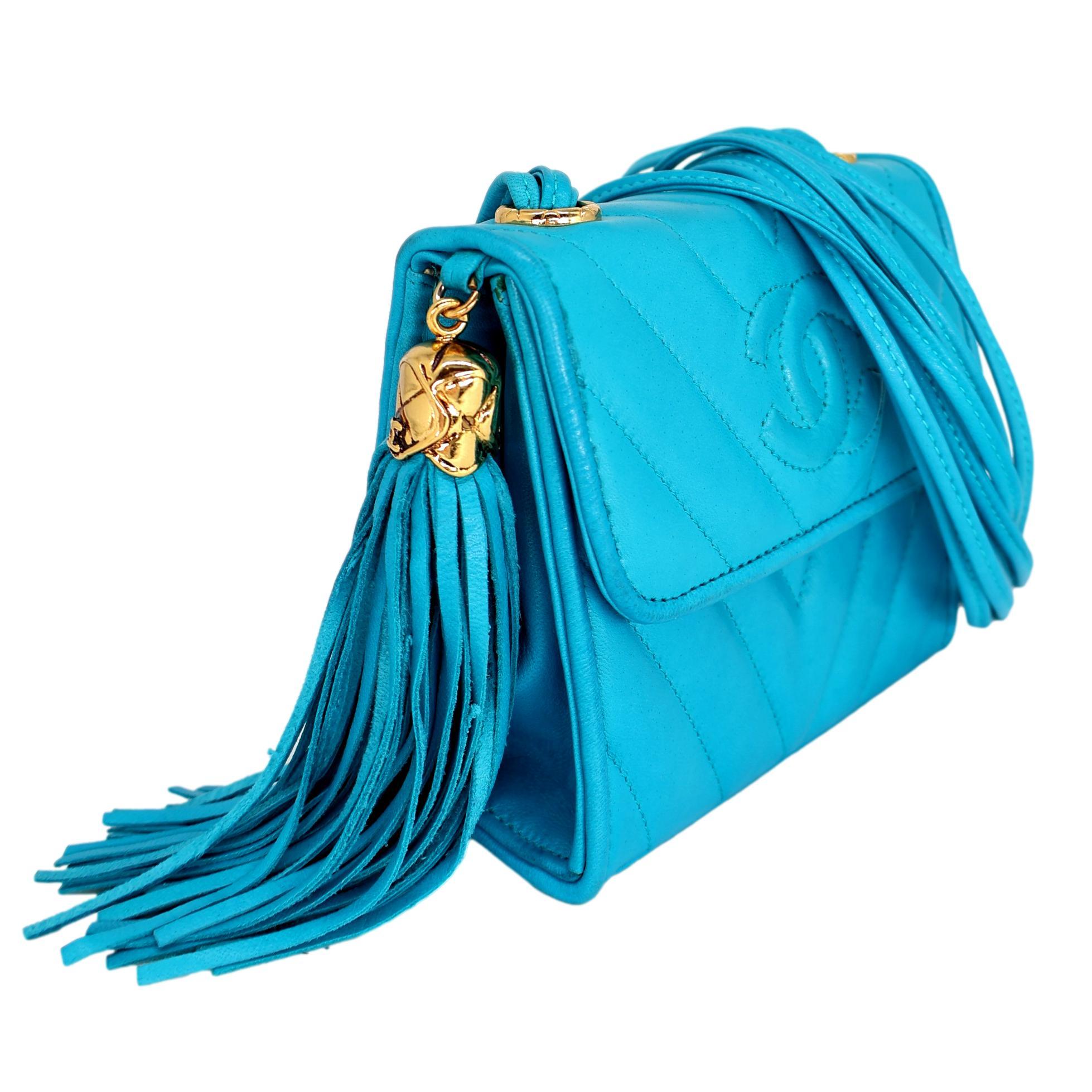 Chanel Turquoise Lambskin Mini Tassel Crossbody Bag with 24KT Hardware, 1989. In Good Condition For Sale In Banner Elk, NC