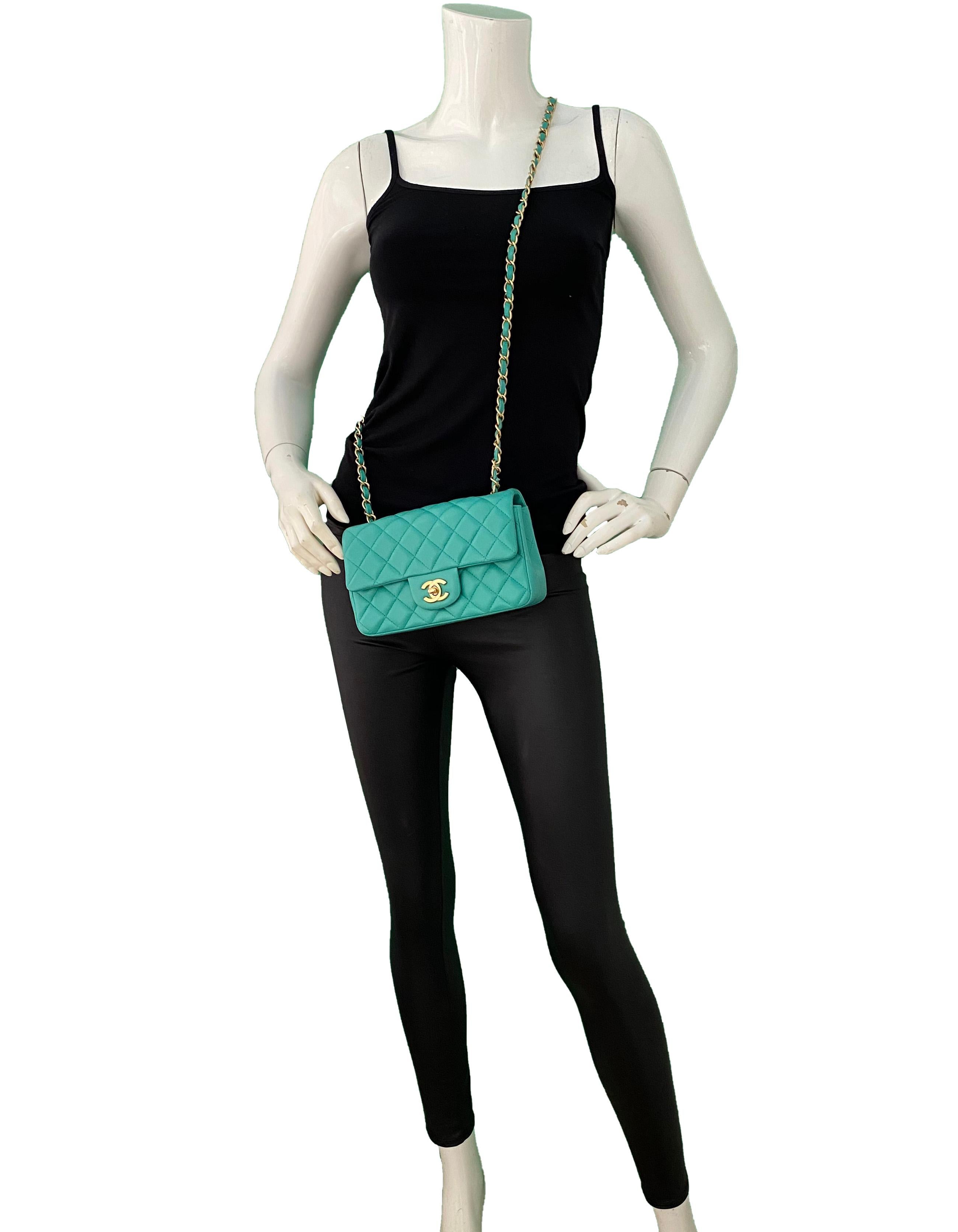 Chanel Turquoise Lambskin Quilted Rectangular Mini Classic Flap Crossbody Bag

Made In: Italy
Year of Production: 2019
Color: Turquoise
Hardware: Brushed goldtone
Materials: Lambskin leather
Lining: Smooth leather
Closure/Opening: Flap top with CC