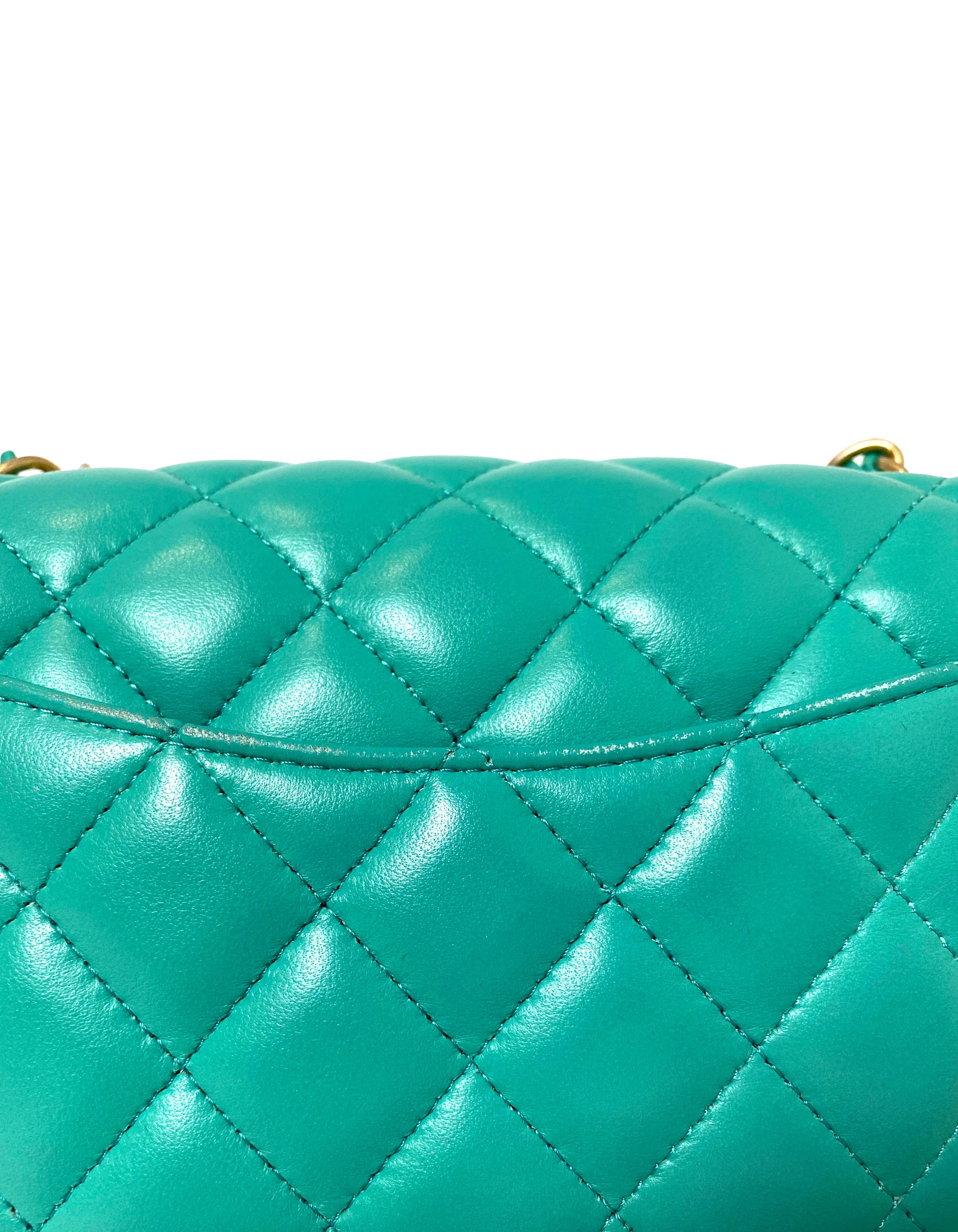 Chanel Turquoise Lambskin Quilted Rectangular Mini Classic Flap Crossbody Bag In Excellent Condition In New York, NY