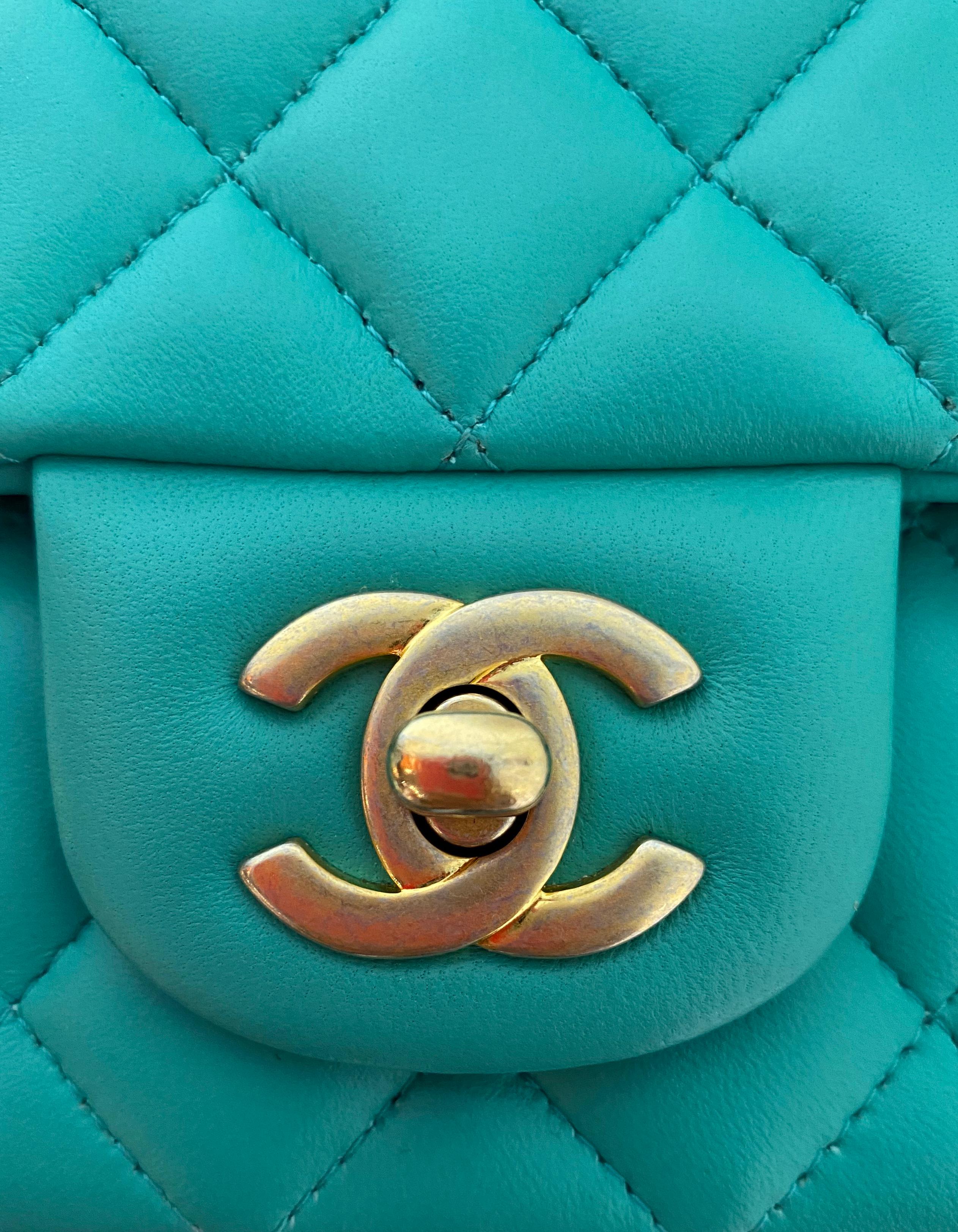 Women's Chanel Turquoise Lambskin Quilted Rectangular Mini Classic Flap Crossbody Bag