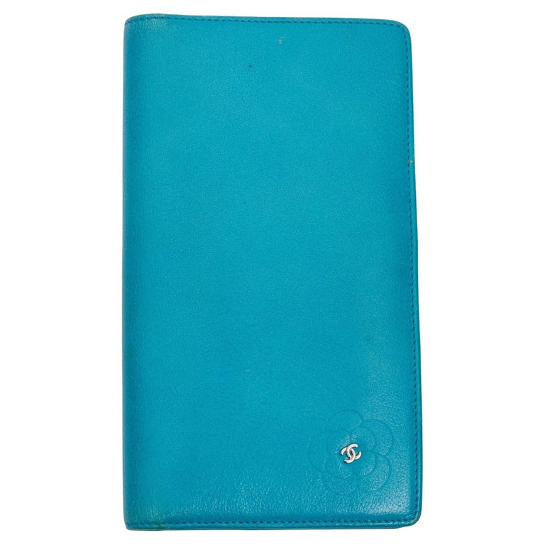 Chanel Turquoise Leather CC Camellia Bi Fold Long Wallet at 1stDibs