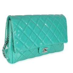 Chanel Turquoise Quilted Patent Classic Flap Clutch With Chain