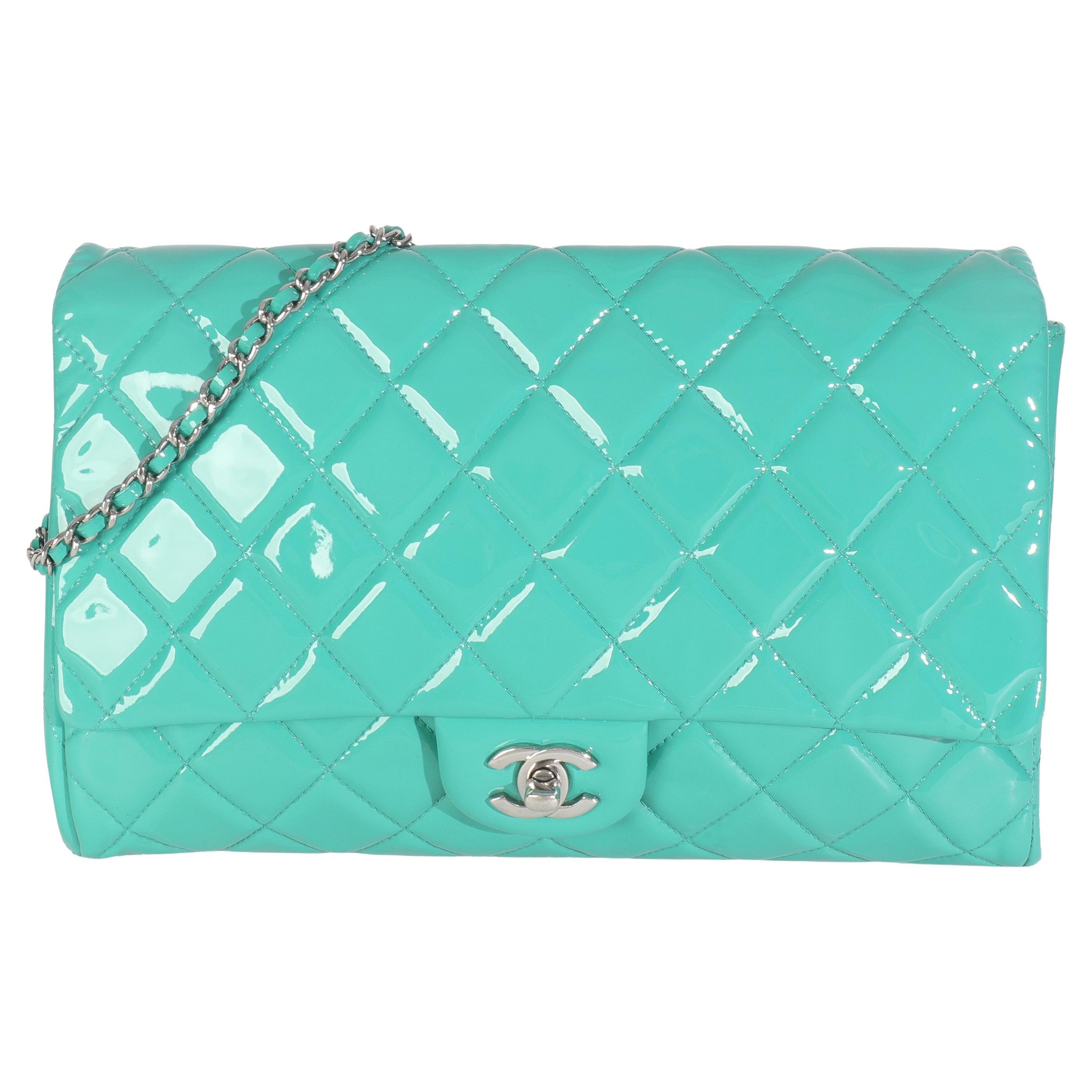 Chanel Turquoise Quilted Patent Classic Flap Clutch With Chain
