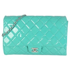 Chanel Turquoise Quilted Patent Classic Flap Clutch With Chain