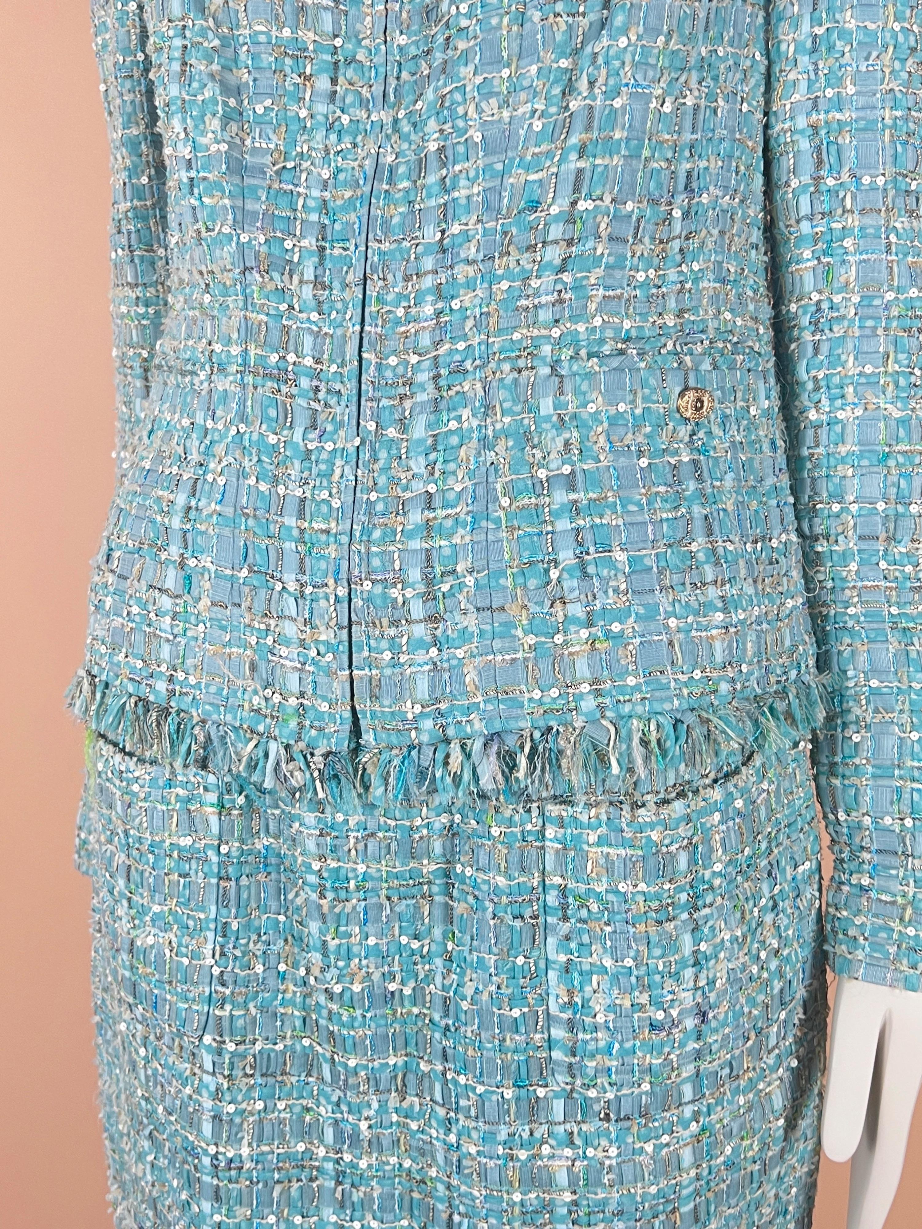 Chanel Turquoise Ribbon Tweed Jacket and Skirt  In New Condition In Dubai, AE