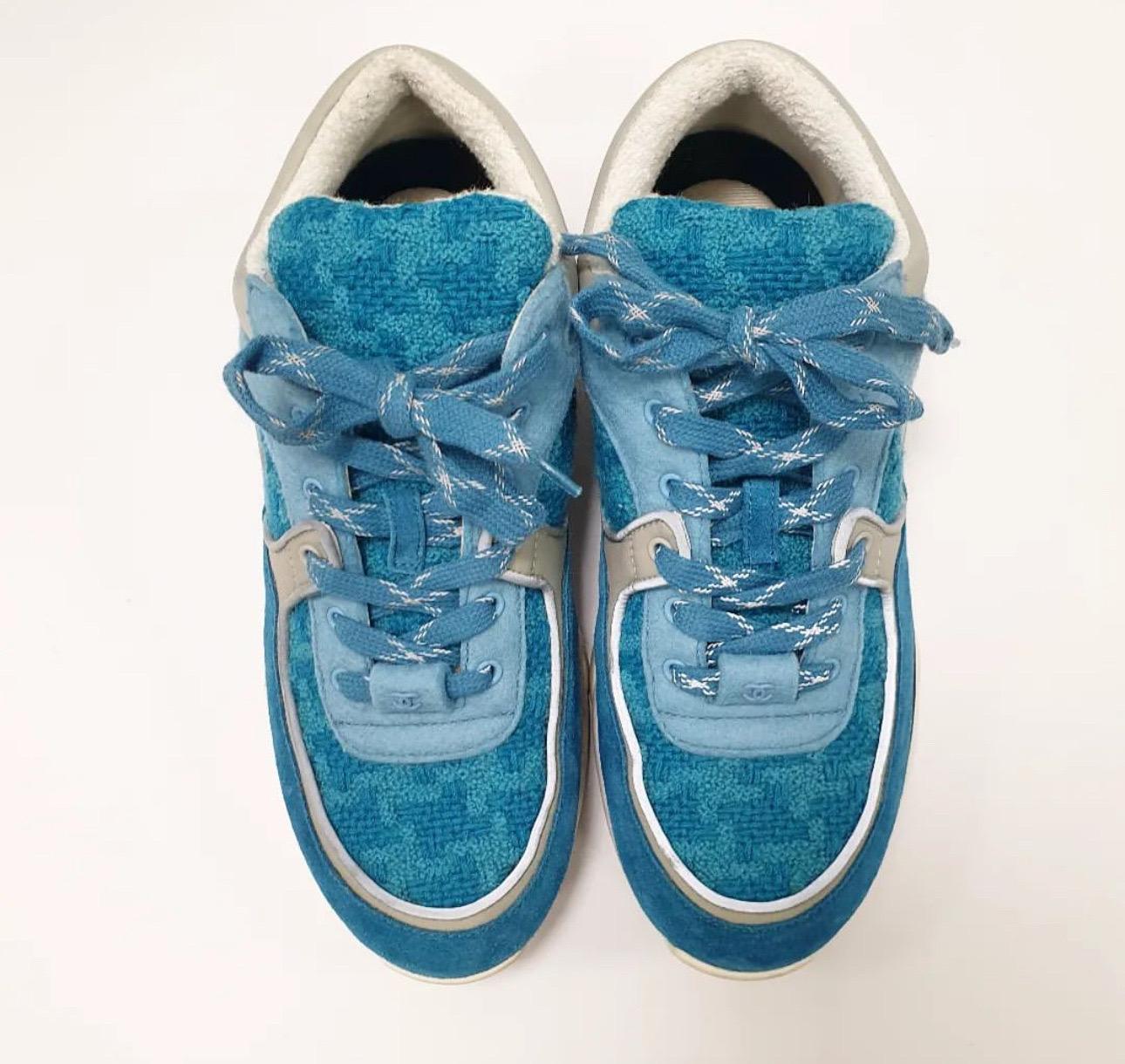 Women's Chanel Turquoise Suede Reflective CC Logo Lace Up Sneakers