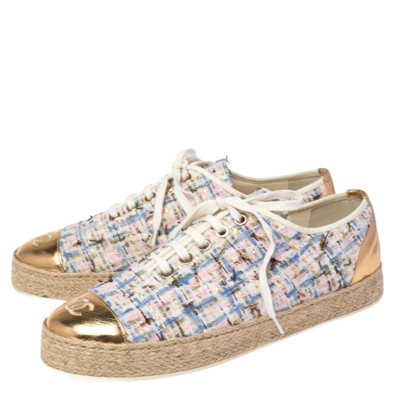 Chanel Tweed And Foil Leather CC Logo Low Top Espadrille Sneakers