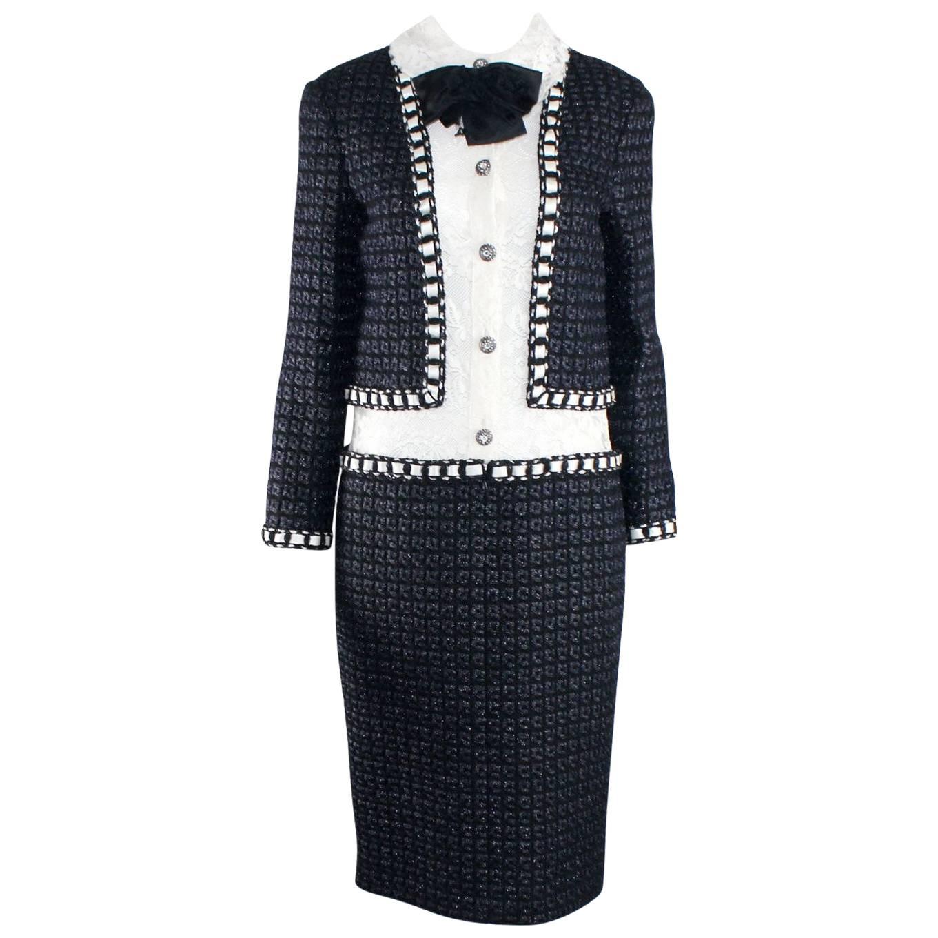 Chanel Tweed and Lace Dress Crystal Buttons Bowtie Brooch Metiers D
Art